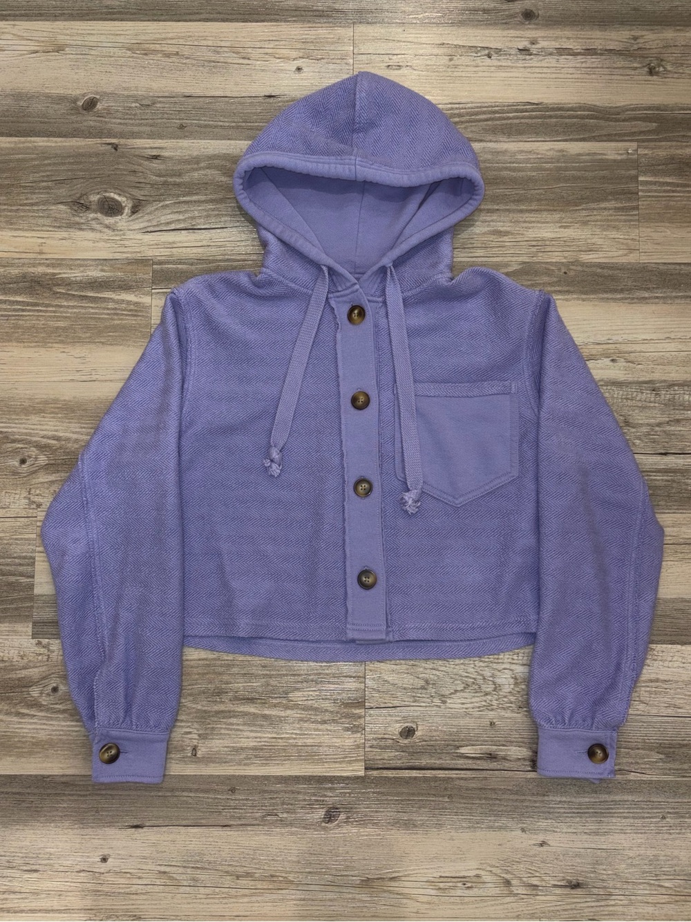 American Eagle Purple Cropped Button-Front Sweatshirt with Hood